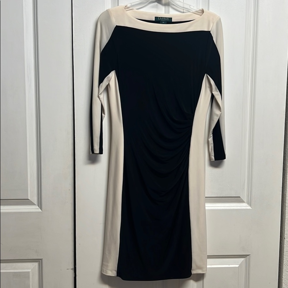 Ralph Lauren Black Cream Sides Strip Mid Sleeve Stretch Body Dress Size 8P - Picture 1 of 6